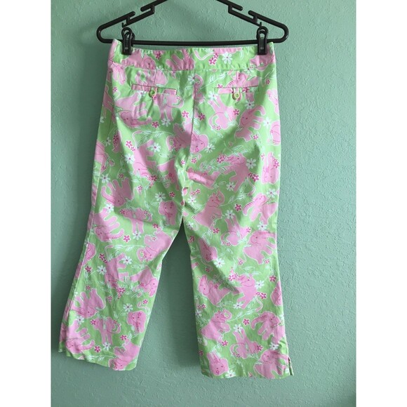 Lilly Pulitzer Size 4 Green Pink Elephant Capri Pants - Picture 4 of 5